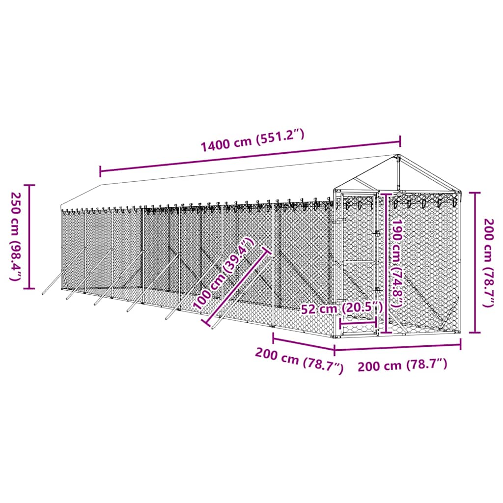 Outdoor-Hundezwinger mit Dach Silbern 2x14x2,5 m Stahl Verzinkt
