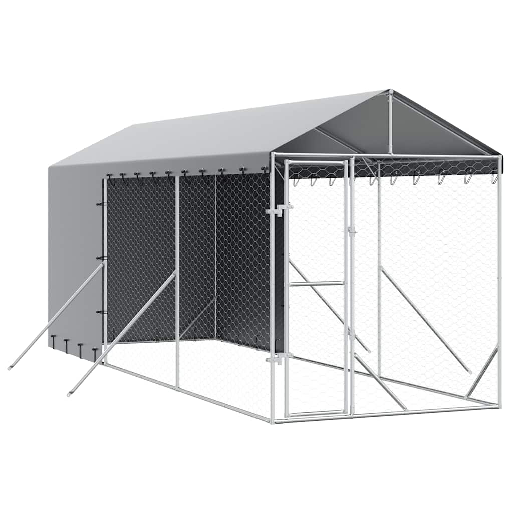 Outdoor-Hundezwinger mit Dach Silbern 2x6x2,5m Verzinkter Stahl
