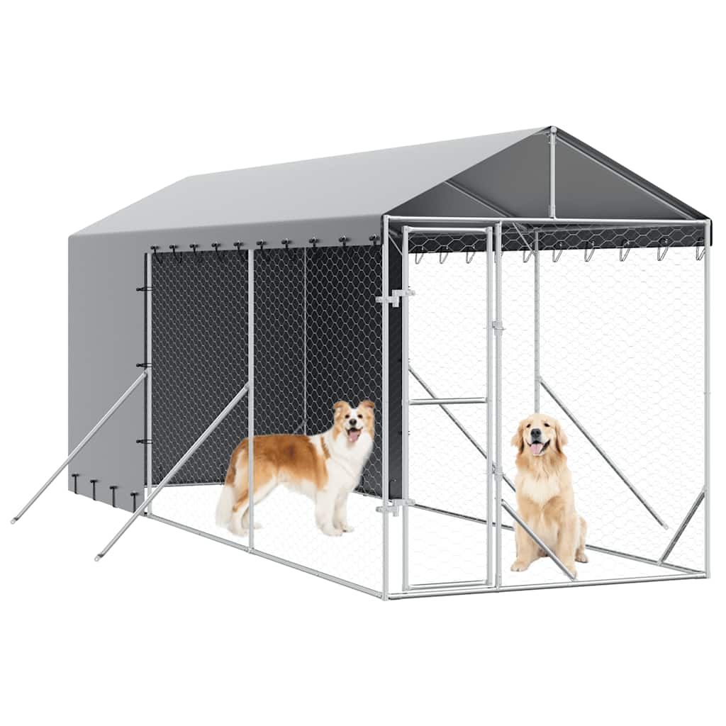 Outdoor-Hundezwinger mit Dach Silbern 2x6x2,5m Verzinkter Stahl
