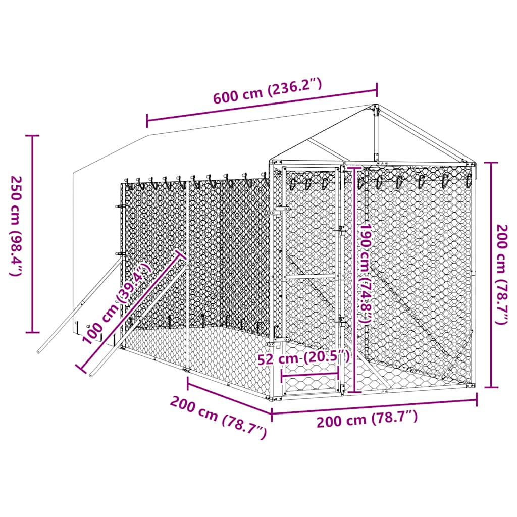 Outdoor-Hundezwinger mit Dach Silbern 2x6x2,5m Verzinkter Stahl