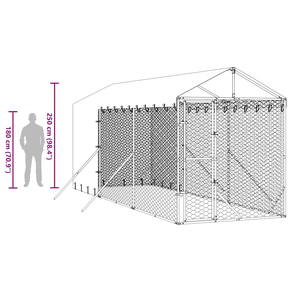 Outdoor-Hundezwinger mit Dach Silbern 2x6x2,5m Verzinkter Stahl