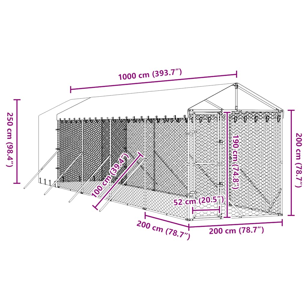 Outdoor-Hundezwinger mit Dach Silbern 2x10x2,5 m Stahl Verzinkt