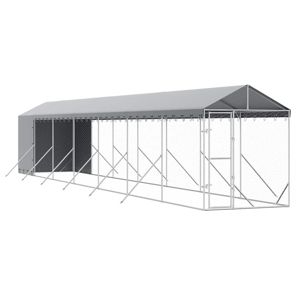Outdoor-Hundezwinger mit Dach Silbern 2x14x2,5 m Stahl Verzinkt