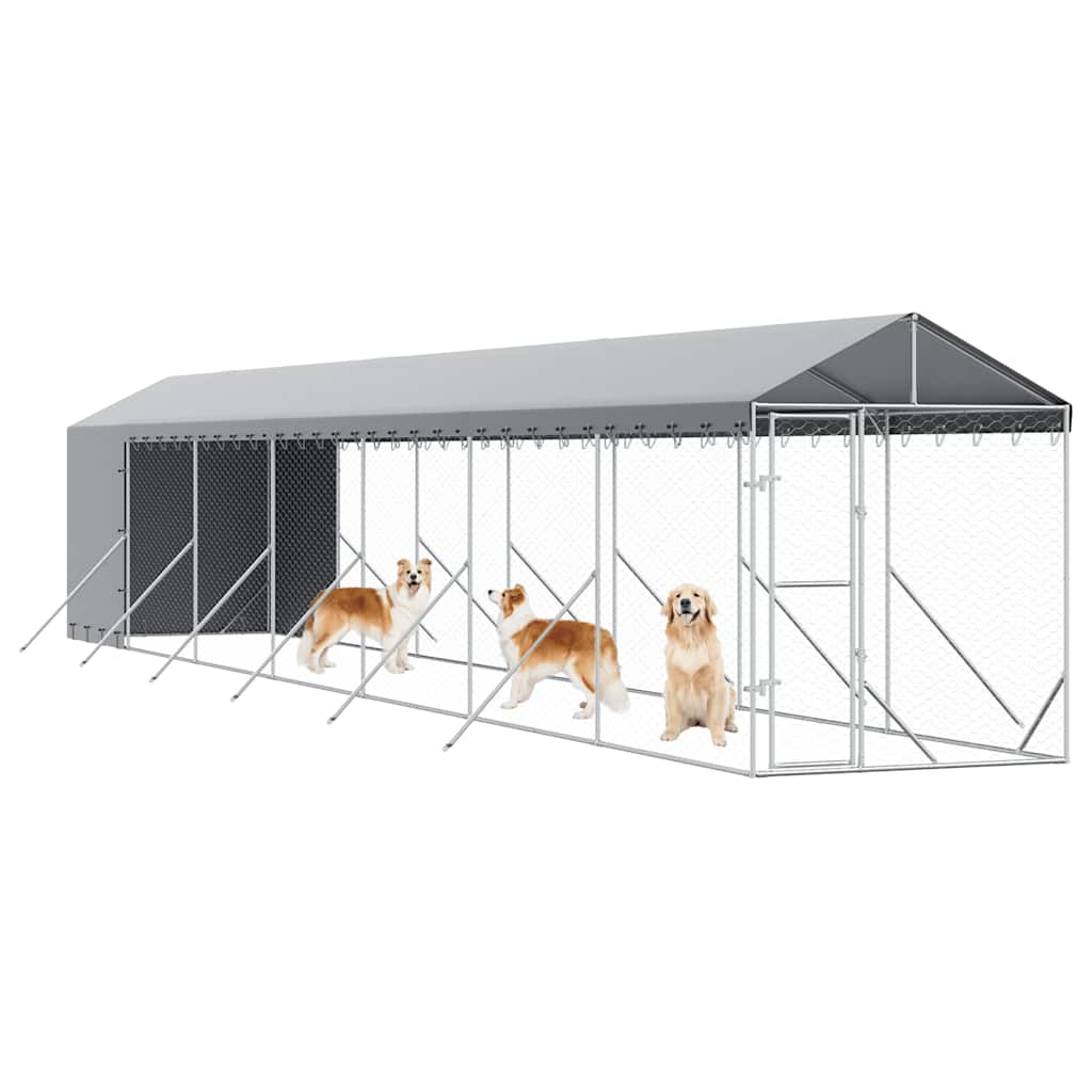 Outdoor-Hundezwinger mit Dach Silbern 2x14x2,5 m Stahl Verzinkt