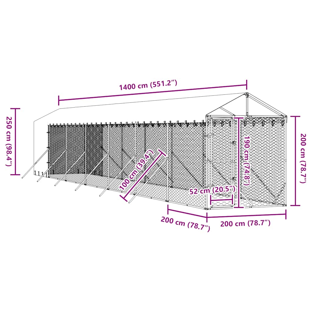 Outdoor-Hundezwinger mit Dach Silbern 2x14x2,5 m Stahl Verzinkt