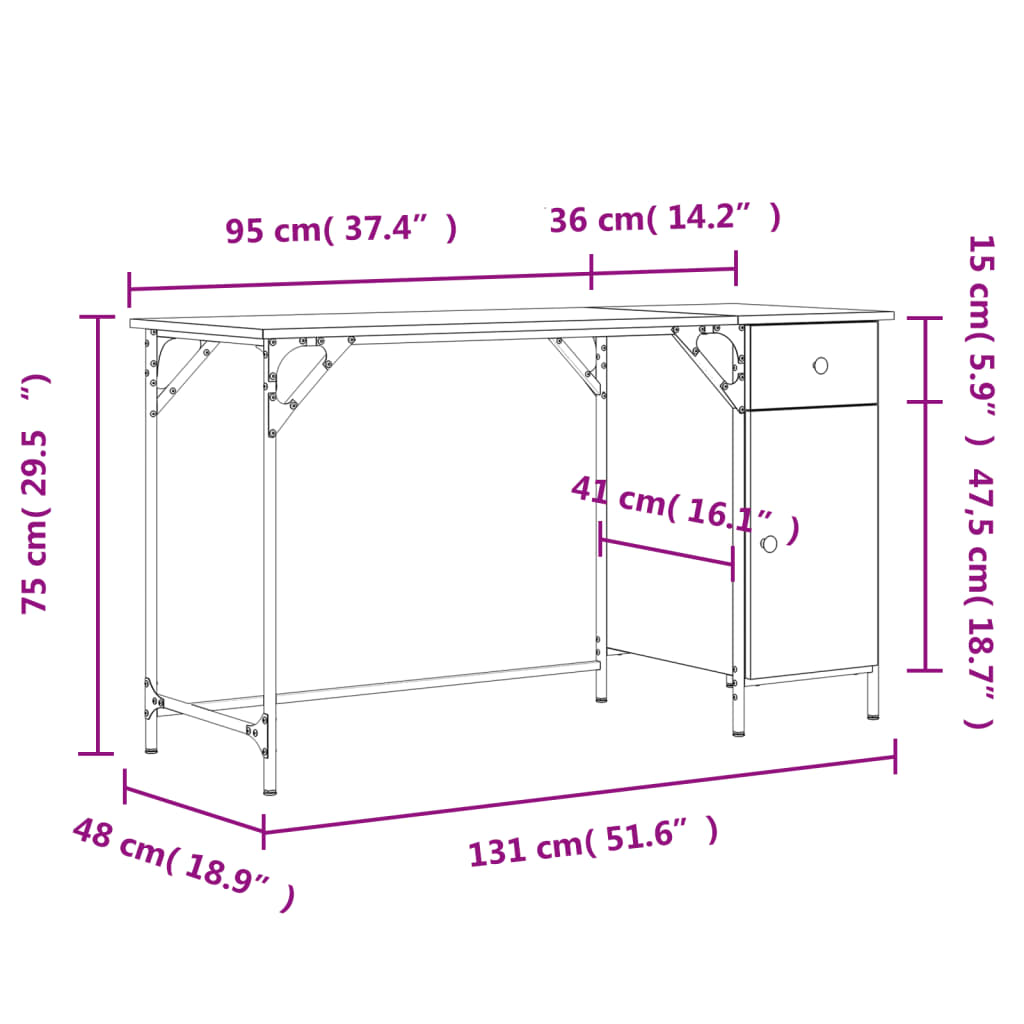 Computertisch Grau Sonoma 131x48x75 cm Holzwerkstoff