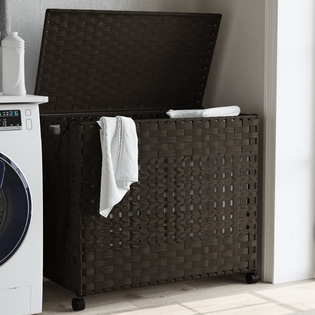 Panier à linge sur roulettes marron foncé 66x35x60 cm rotin