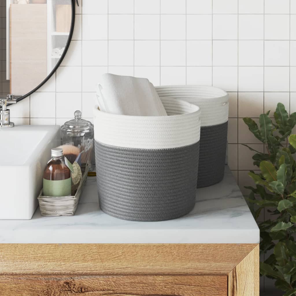 Paniers de rangement 2 pcs Gris et blanc Ø28x28 cm Coton