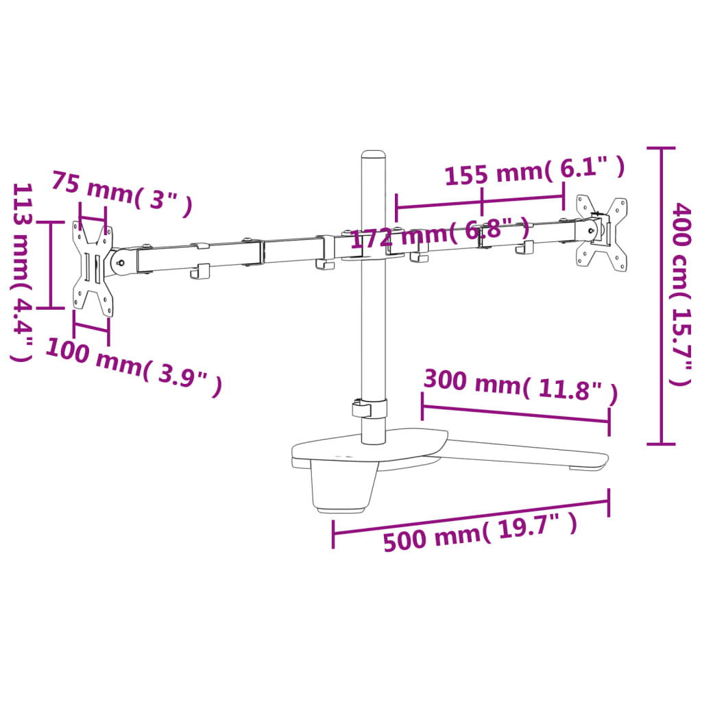 Support de table pour 2 écrans Noir Acier VESA 75/100 mm