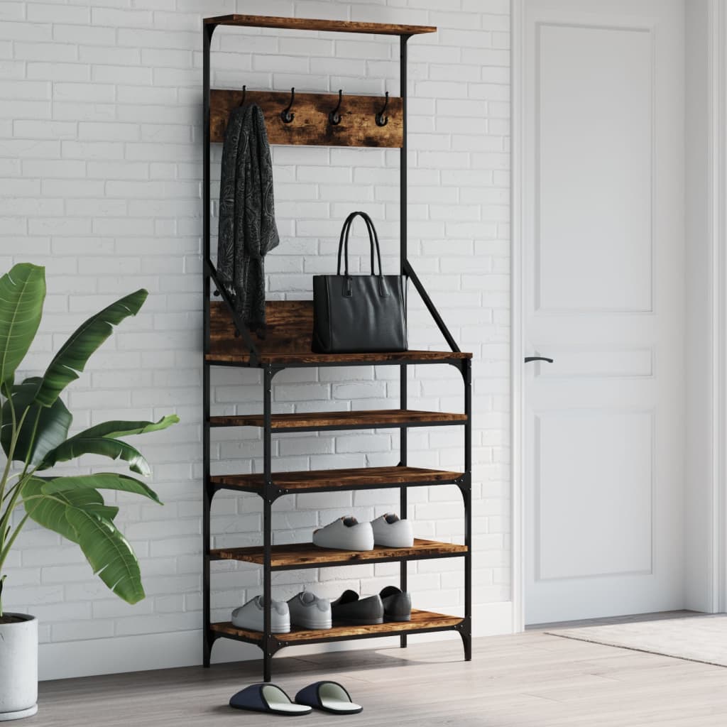 Porte-manteau avec étagère à chaussures chêne fumé 70x34x184 cm