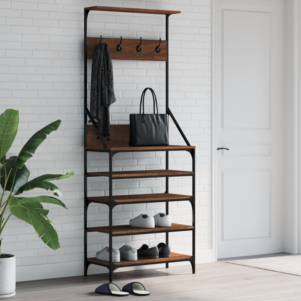 Portant à vêtements avec étagère à chaussures marron aspect chêne 70x34x184 cm