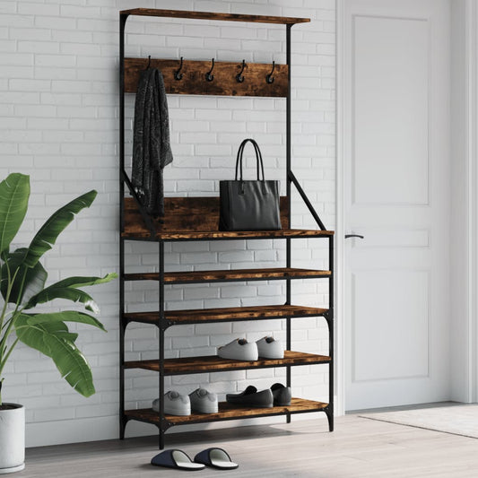 Coat Rack with Shoe Storage Smoked Oak 90x34x184 cm