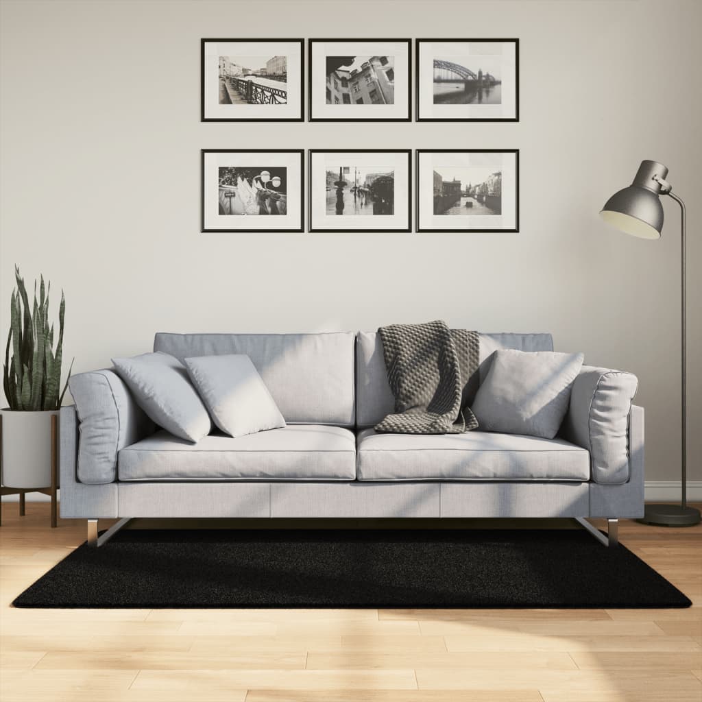 Tapis HUARTE Poil ras Doux et Lavable Noir 80x150 cm