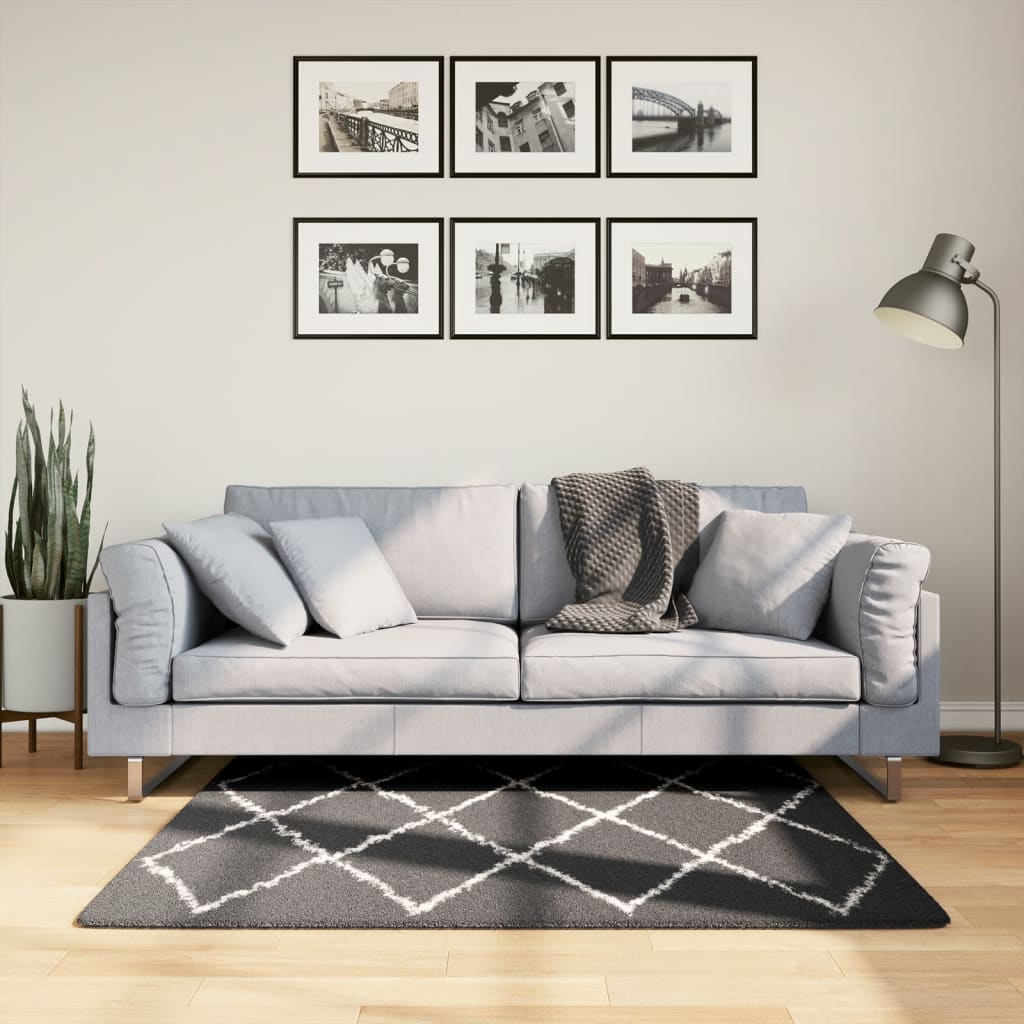 Shaggy High Pile Modern Rug Black and Cream 120x120 cm