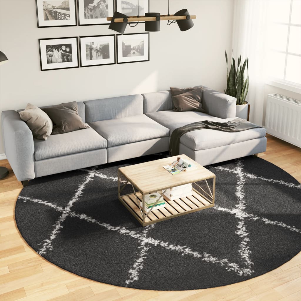 Shaggy Rug PAMPLONA High Pile Modern Black Cream Ø 280 cm