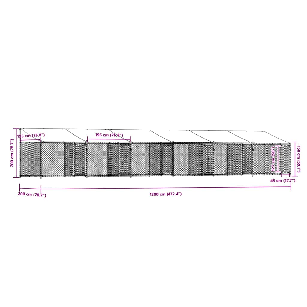Hundezwinger mit Dach und Türen Grau 12x2x2 m Verzinkter Stahl