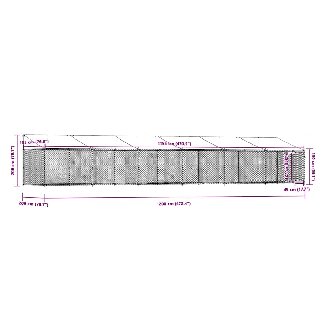 Hundezwinger mit Dach und Tür Grau 12x2x2 m Verzinkter Stahl
