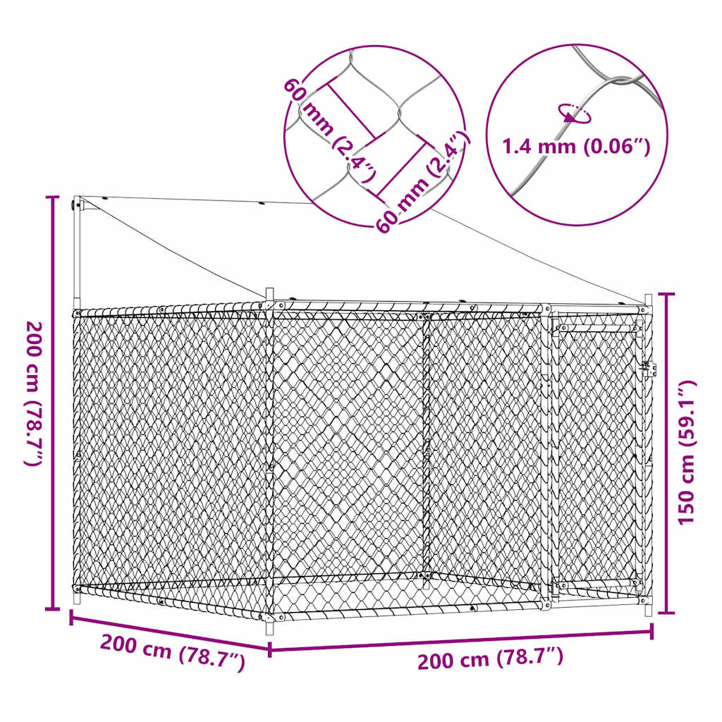 Hundezwinger mit Dach und Tür Grau 2x2x2 m Verzinkter Stahl