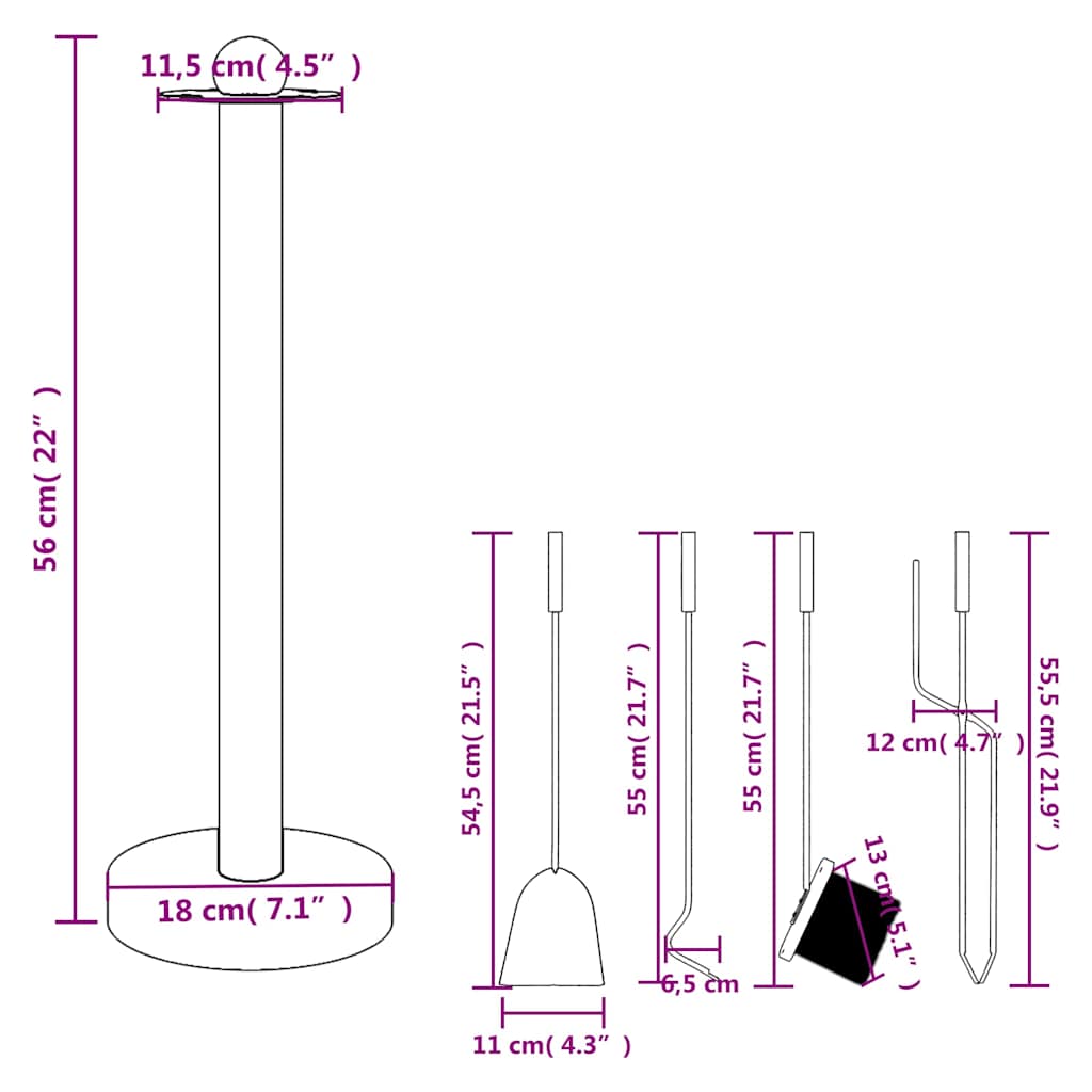 5-teiliges Kaminbesteck-Set 18x56 cm Stahl