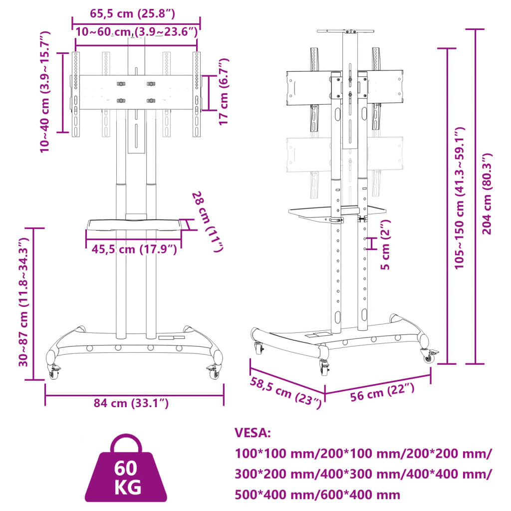 TV Stand on Wheels 32-70 Inch Max VESA 600x400 60kg