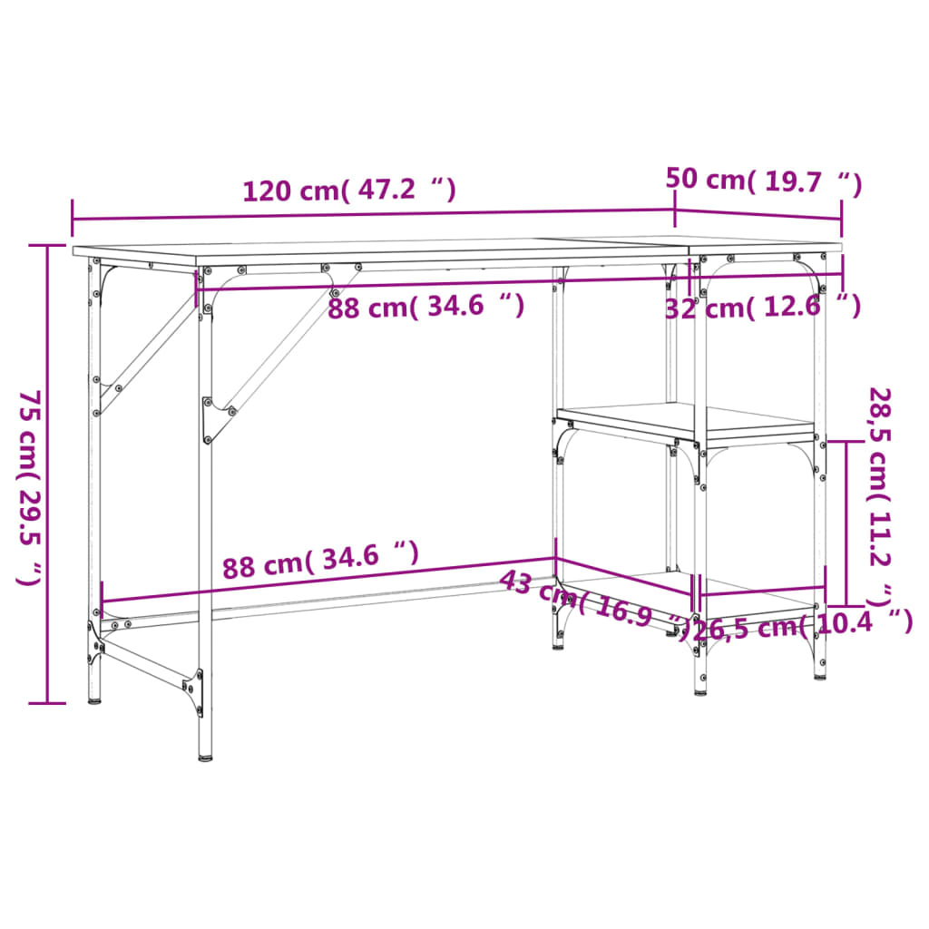 Desk Sonoma Oak 120x50x75 cm Metal Wood-based Material