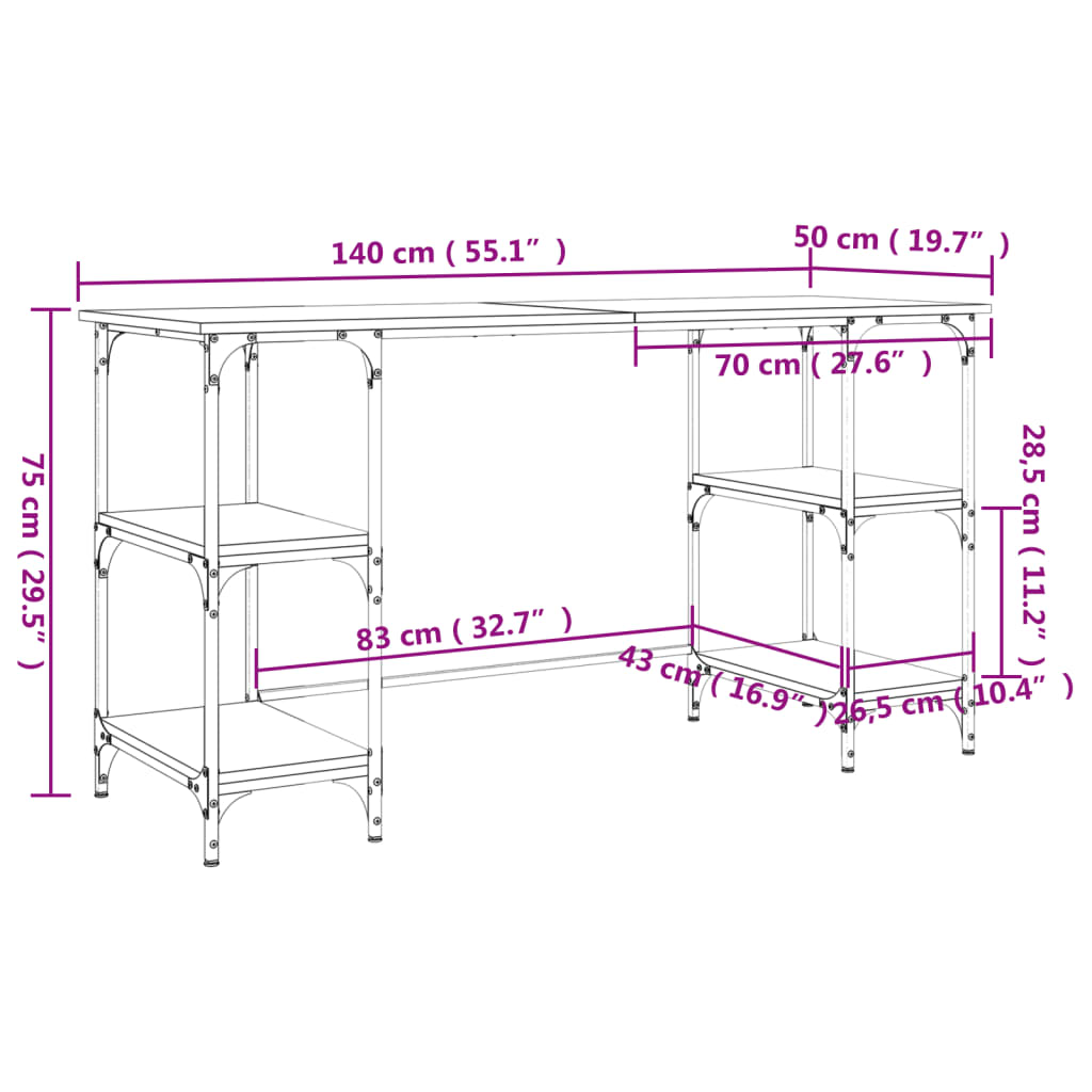 Desk Sonoma Oak 140x50x75 cm Metal Wood-based Material