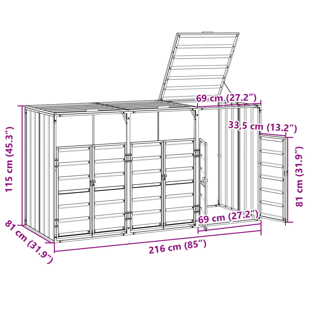 Wheelie Bin Storage for 3 Bins, Green, 216x81x115 cm, Steel