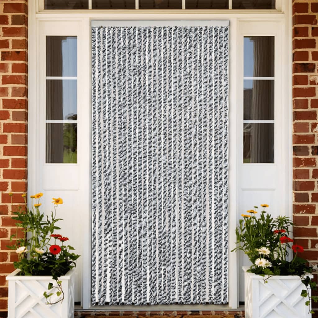 Rideau de porte moustiquaire gris, noir et blanc 118x220 cm Chenille