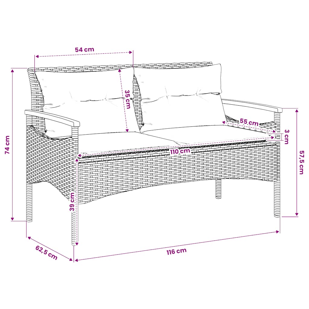 Gartenbank mit Kissen 116x62,5x74 cm Grau Poly Rattan