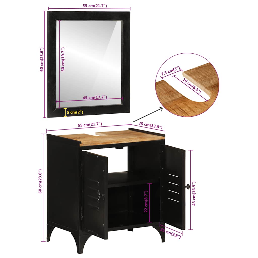 2-tlg. Badmöbel-Set Eisen und Massivholz Mango