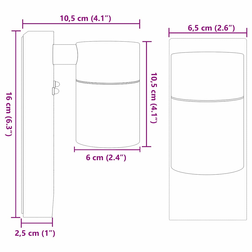 Applique murale extérieure noire 6,5 x 10,5 x 16 cm acier inoxydable et verre