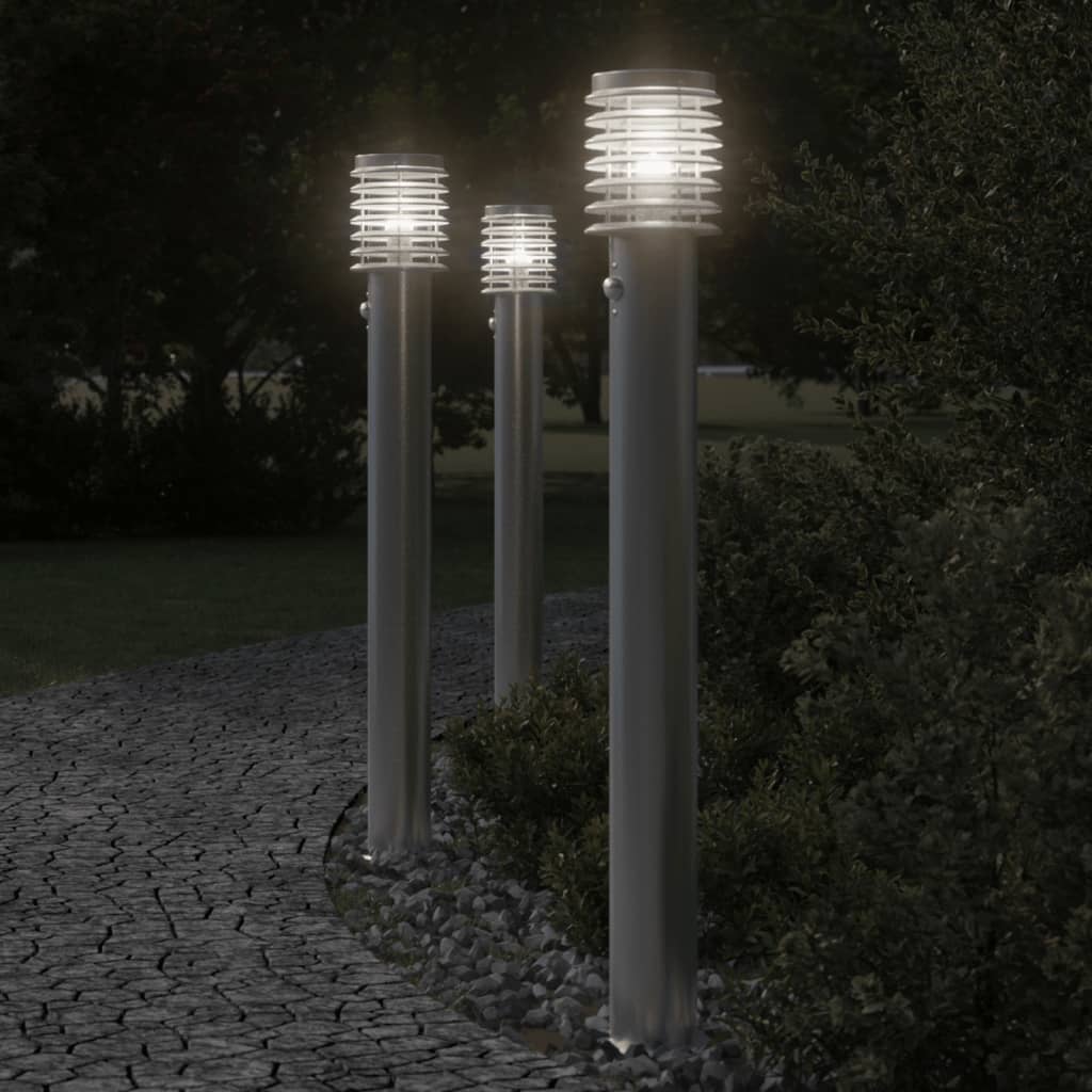 Lampes de chemin avec détecteur de mouvement 3 pcs. Argentées 110cm Acier inoxydable