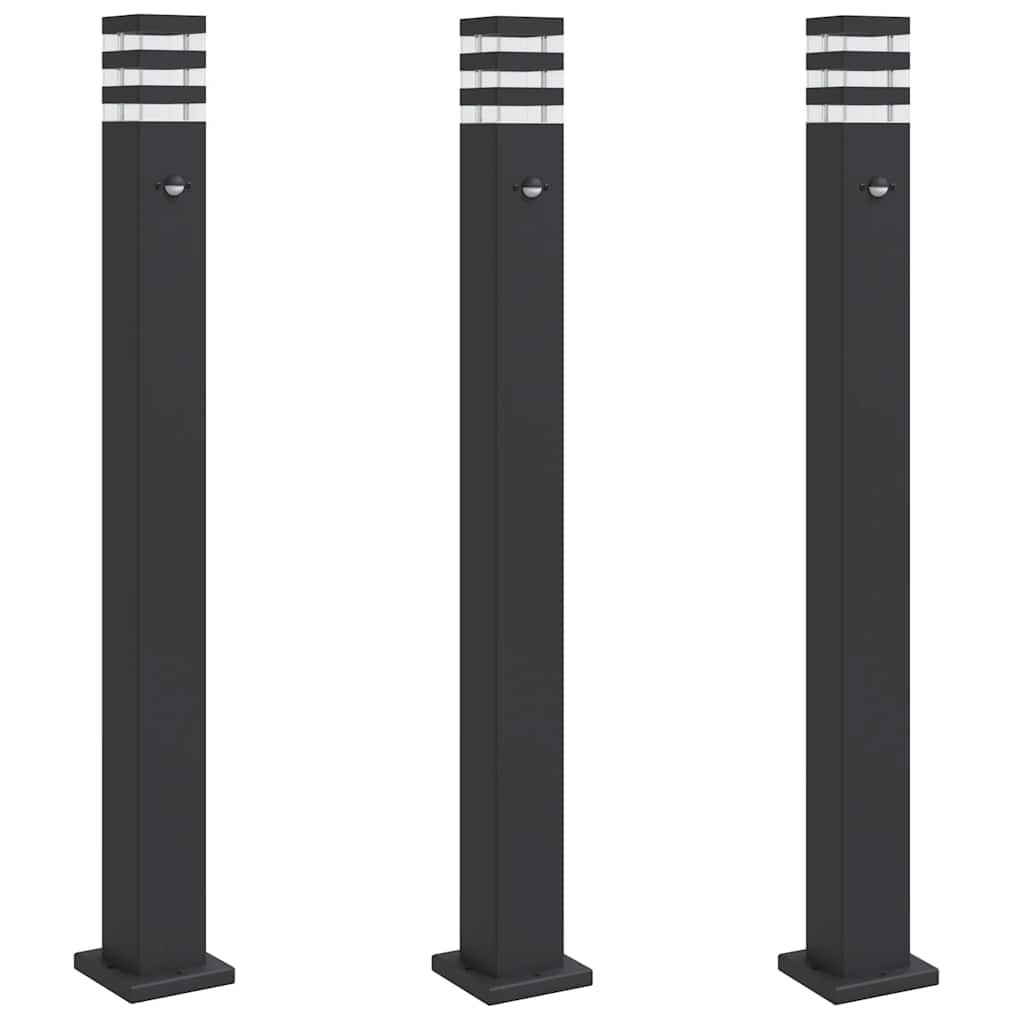 Bornes lumineuses avec détecteur de mouvement 3 pcs Noir 110cm Aluminium