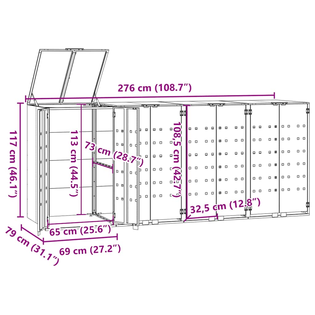 Garbage Can Storage for 4 Bins Grey 276x79x117 cm Steel