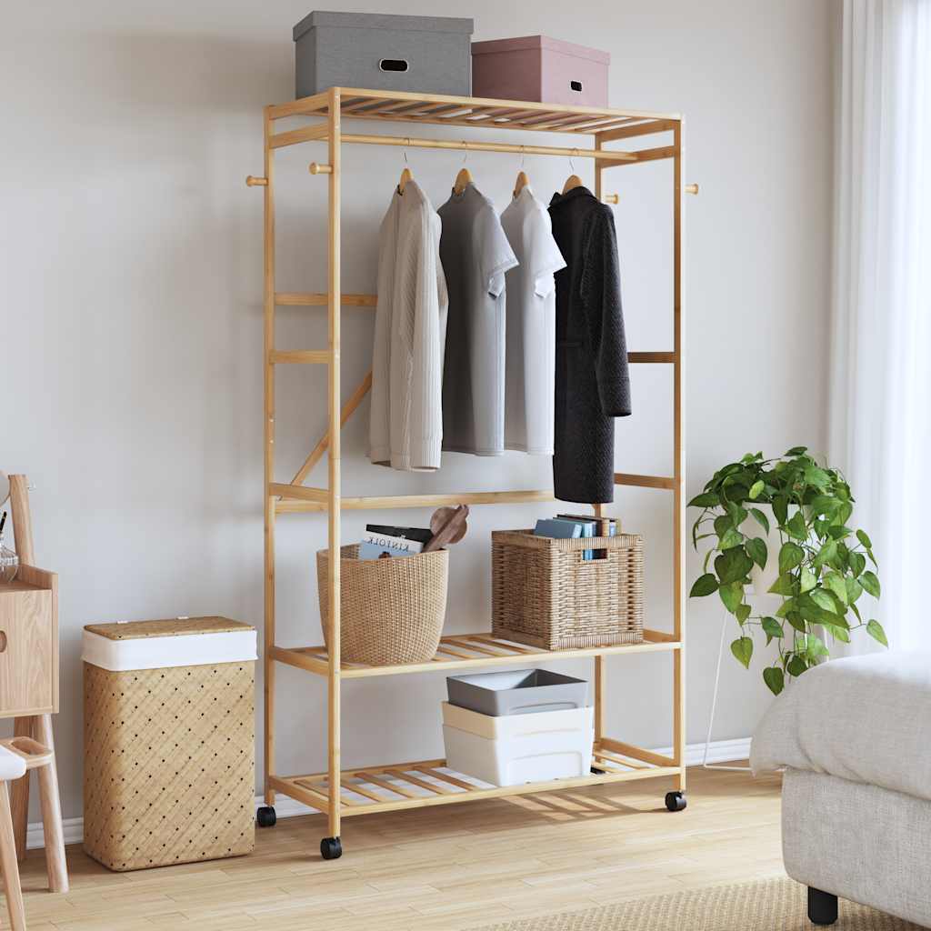 Portant à vêtements avec étagères et roulettes 110x40x180 cm Bambou