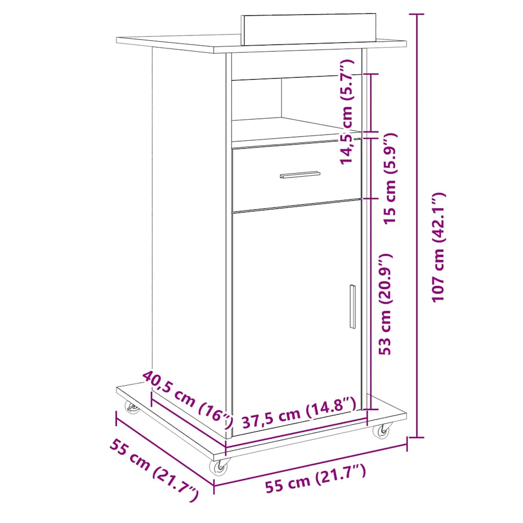 Lectern with Wheels & Drawer White 55x55x107 cm