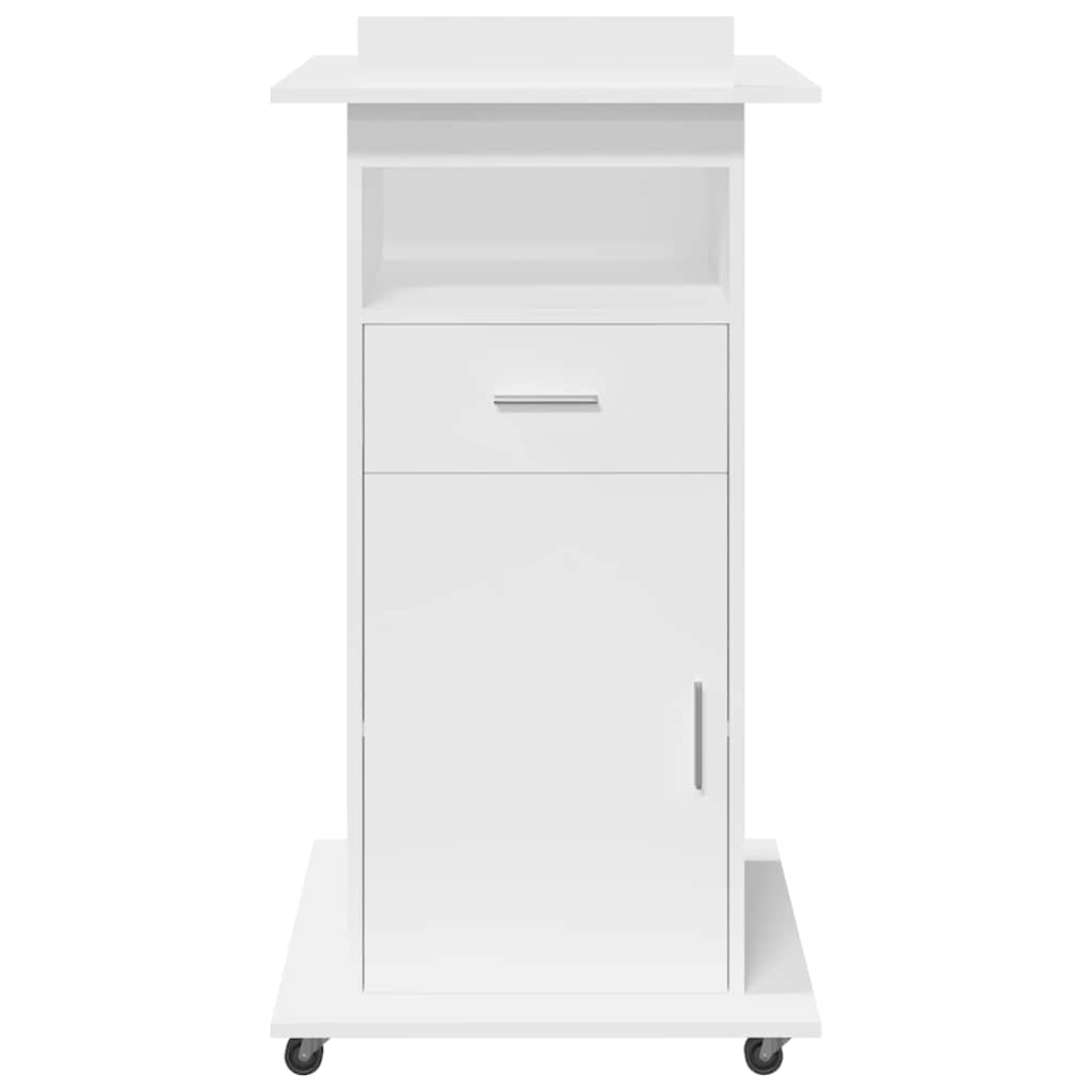Lectern with Wheels & Drawer White 55x55x107 cm
