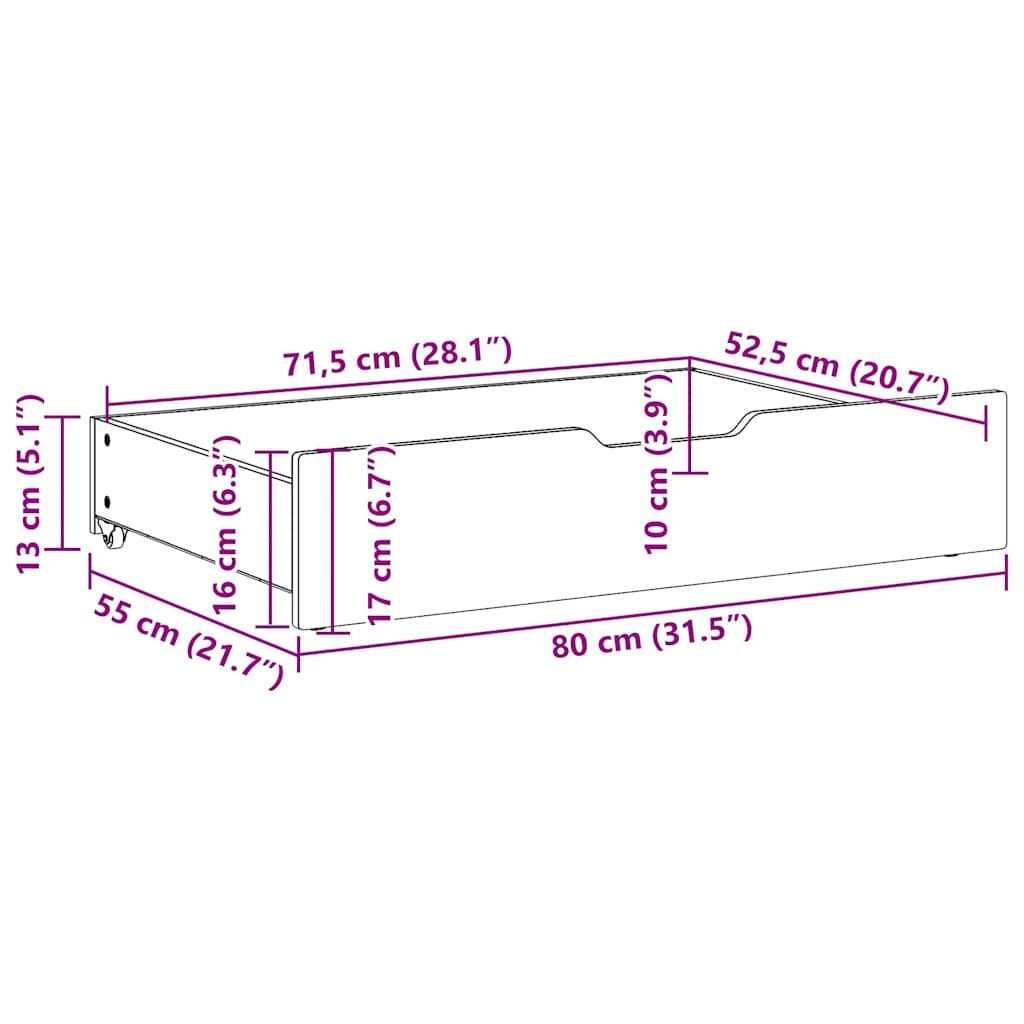 Tiroirs de lit avec roulettes 2 pcs 80x55x17 cm Pin massif