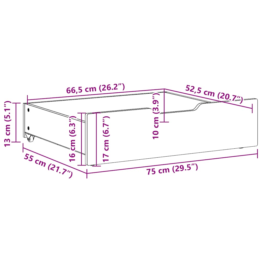 Bed Drawers 2 pcs White 75x55x17 cm Solid Pine Wood