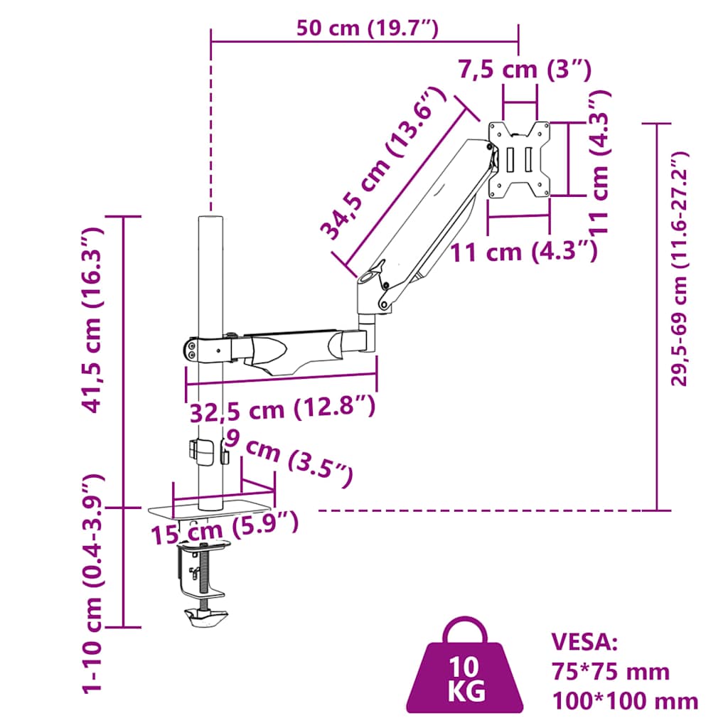 Bras de support de moniteur simple pour écran 27 pouces max, ressort à gaz 10 kg