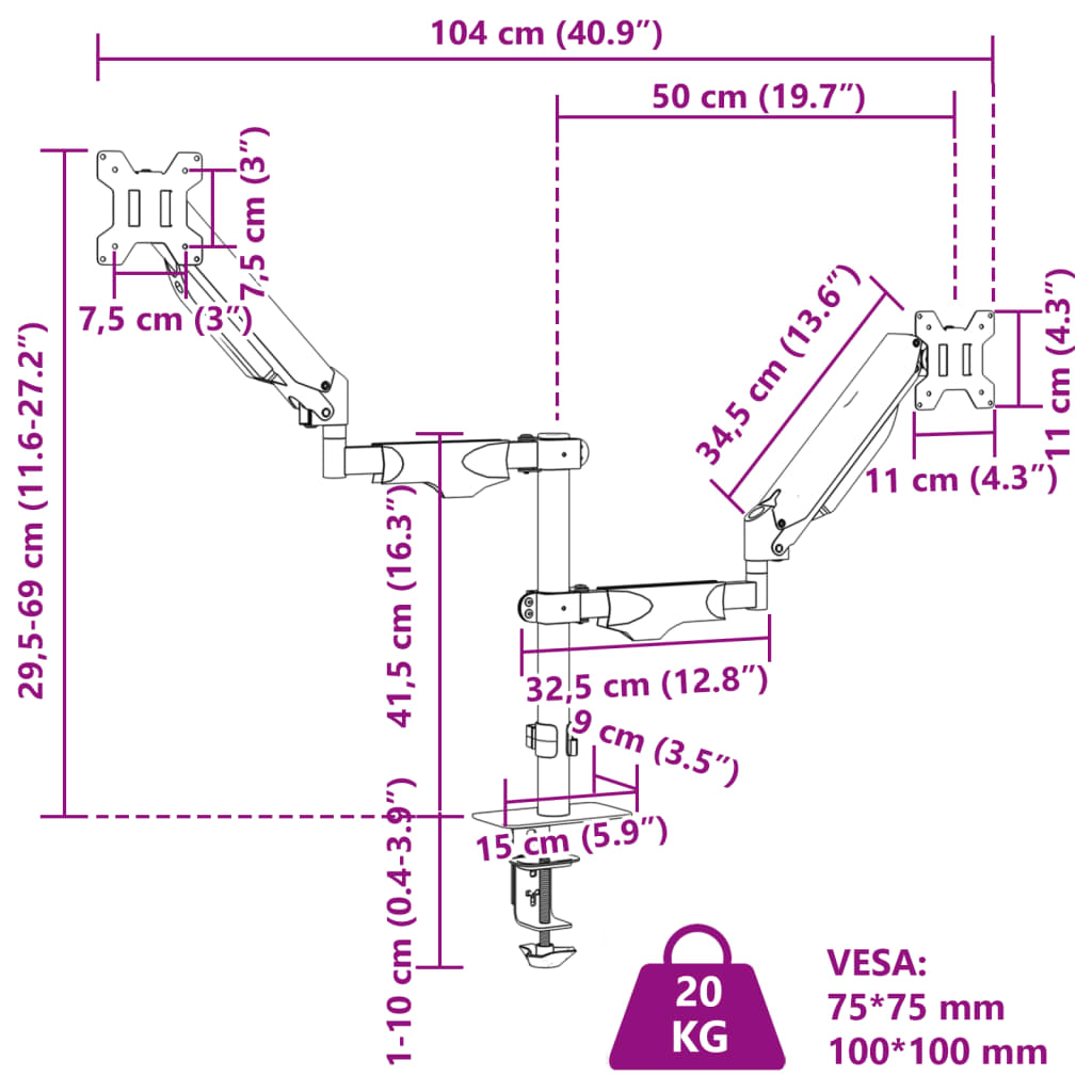 Dual Monitor Arm for Max 27 Inch Gas Spring 20 kg