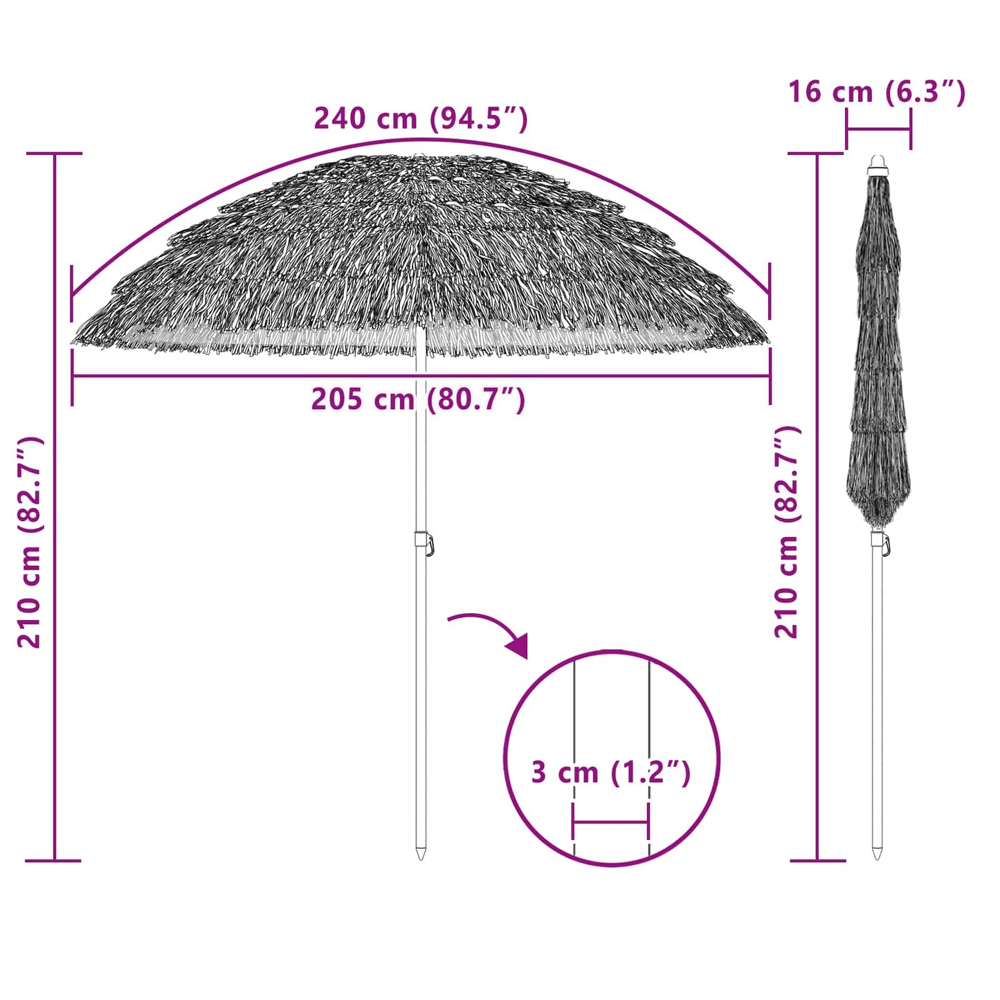 Strandparasol Natur 255 x 255 x 255 cm Polyester und Stahl