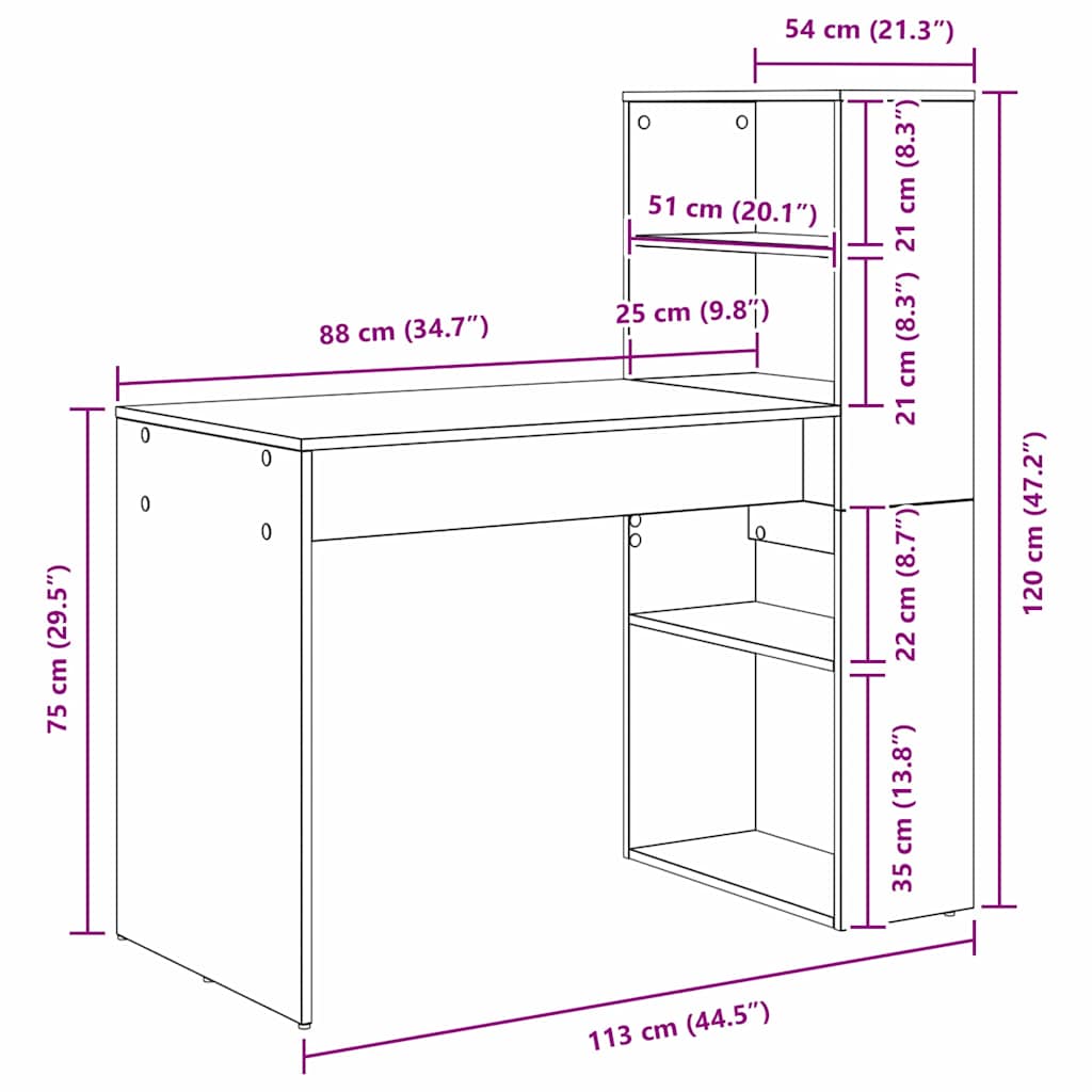 Desk with Shelf Black Oak Finish 113 x 54 x 120 cm