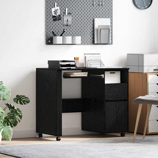 Table with Wheels with Shelf Black Oak Effect 91 x 50 x 77 cm