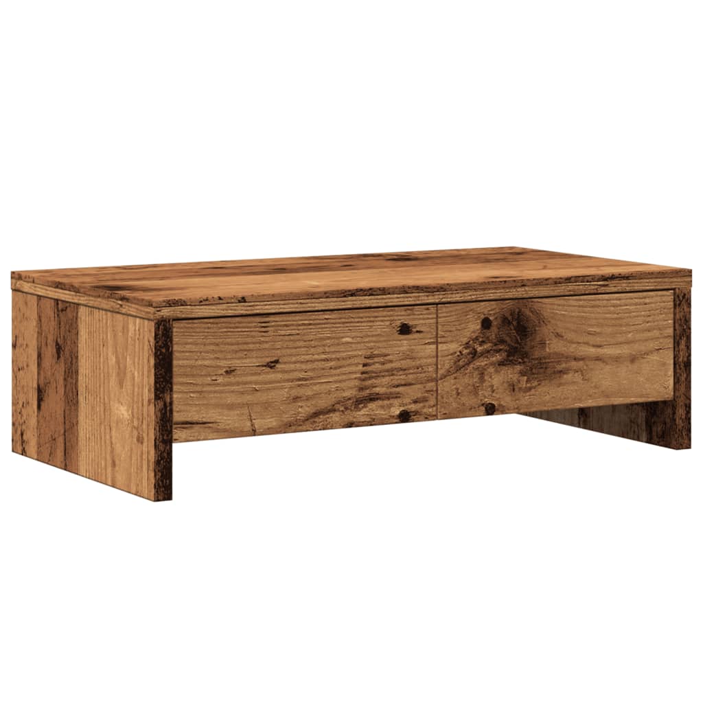 Support moniteur avec tiroirs aspect vieux bois 50x27x15 cm