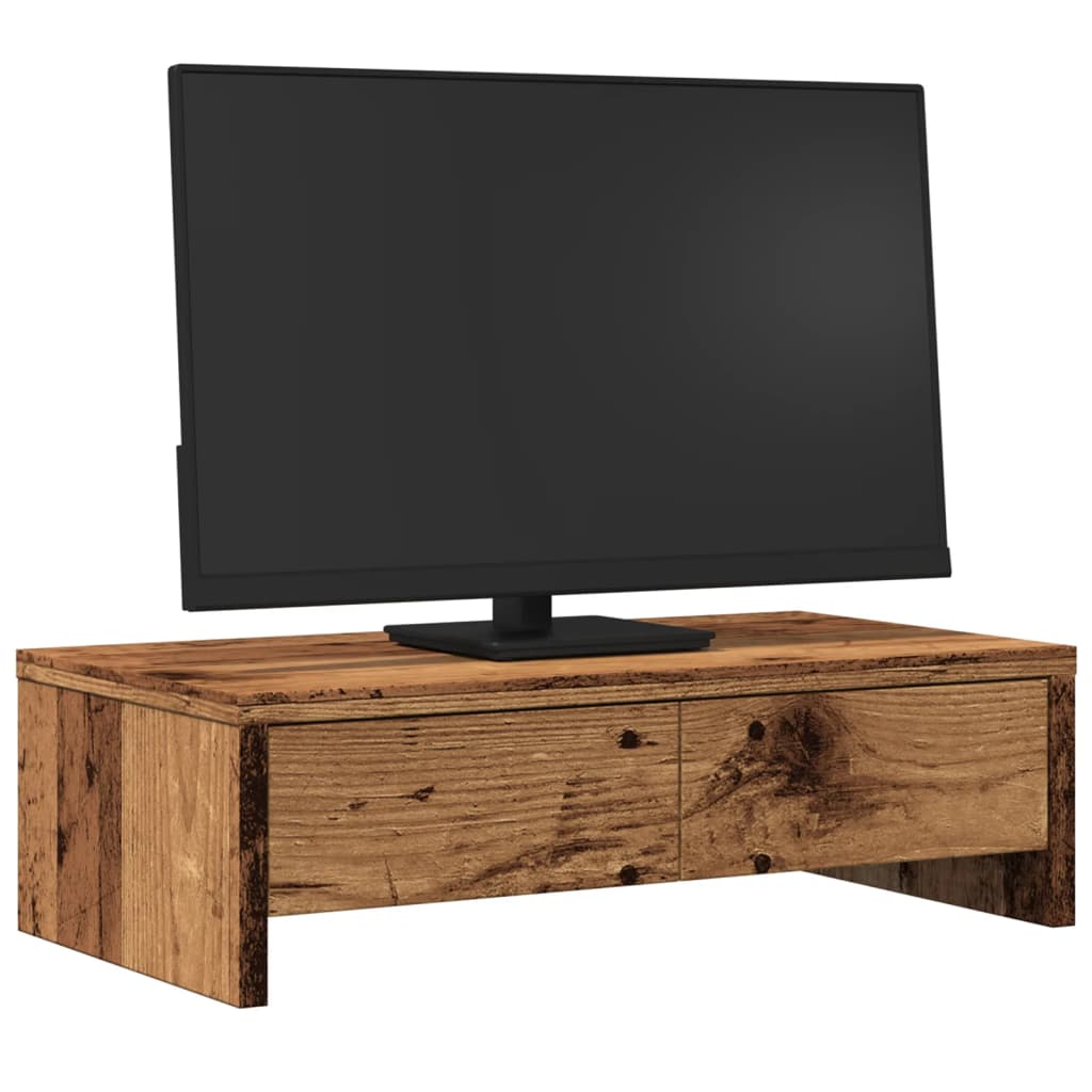 Support moniteur avec tiroirs aspect vieux bois 50x27x15 cm