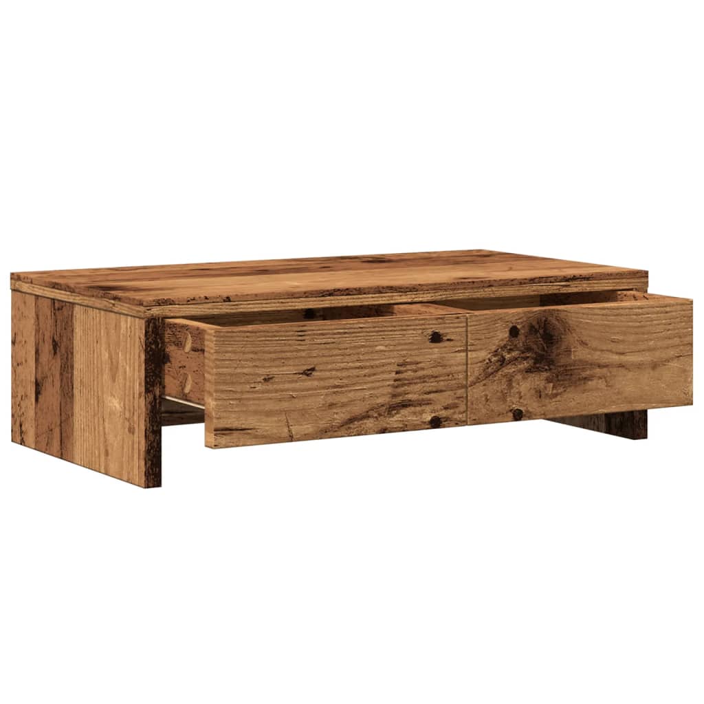 Support moniteur avec tiroirs aspect vieux bois 50x27x15 cm