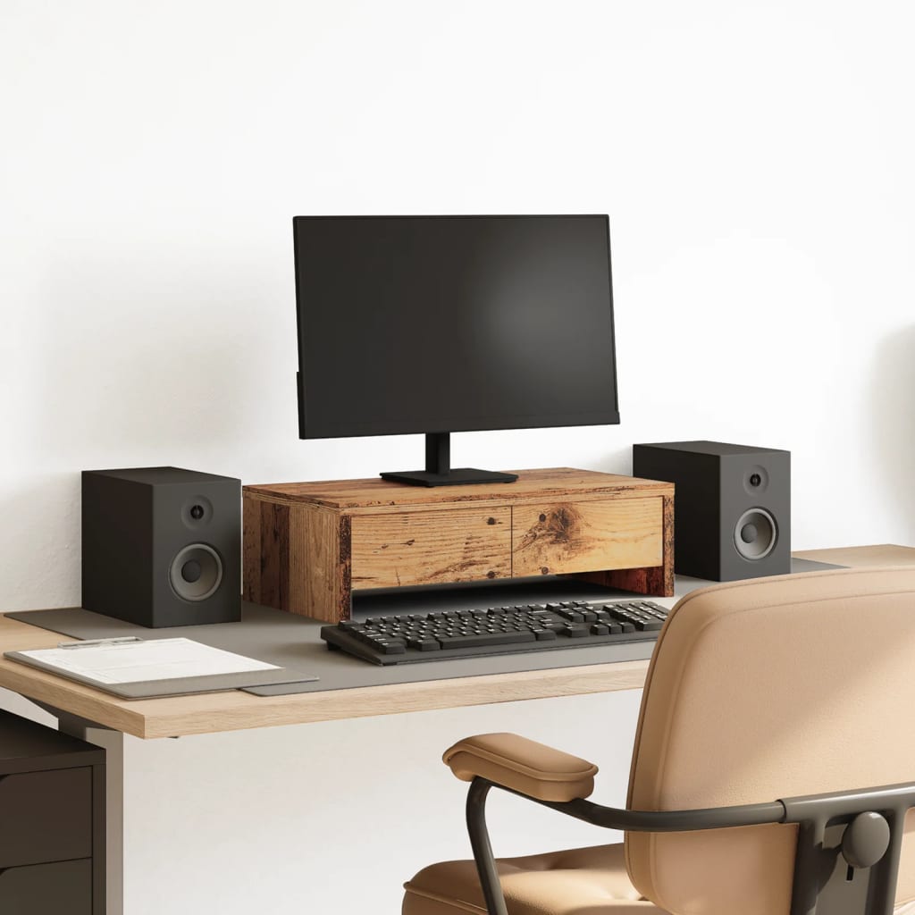 Support moniteur avec tiroirs aspect vieux bois 50x27x15 cm