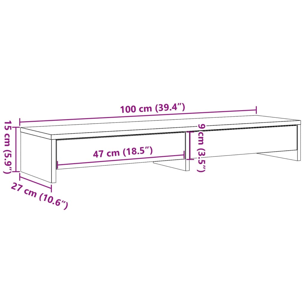 Support pour moniteur avec tiroirs gris béton 100x27x15 cm