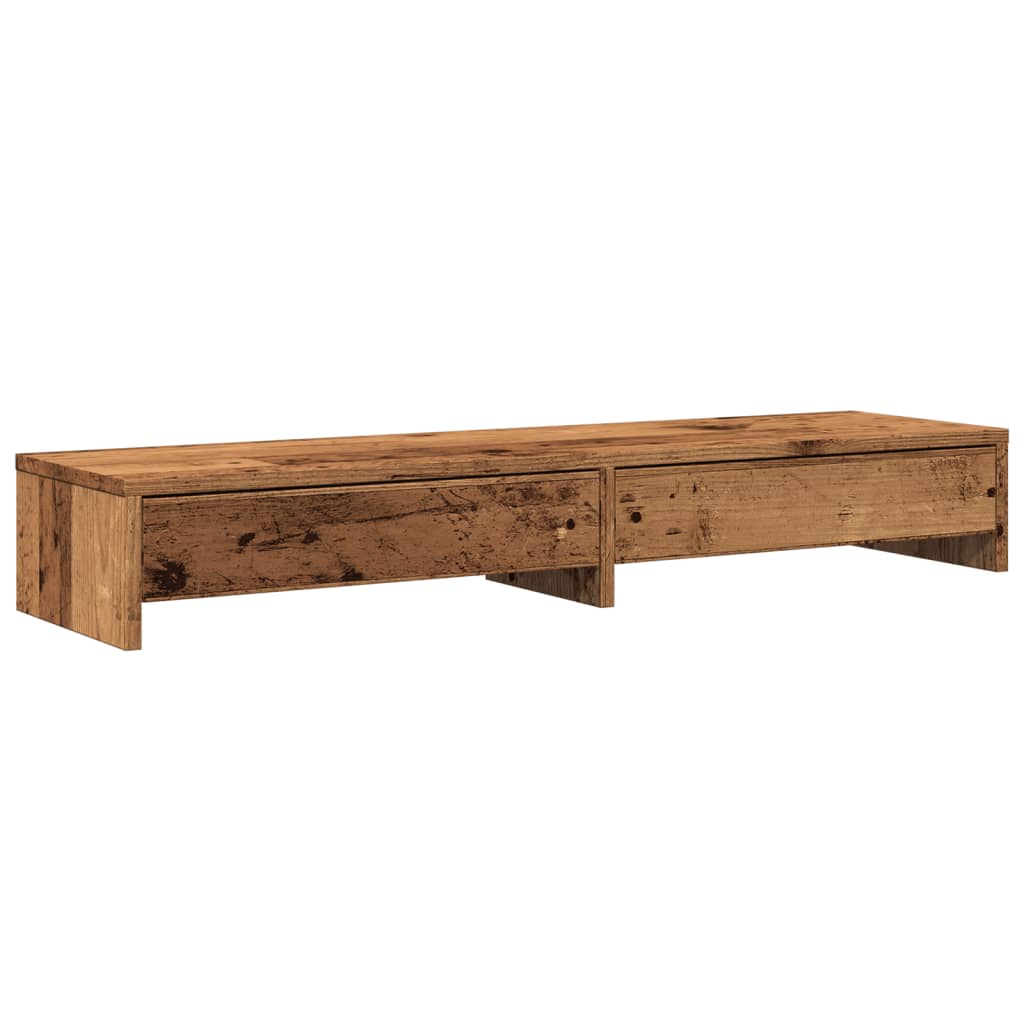 Support d'écran avec tiroirs aspect vieux bois 100x27x15 cm